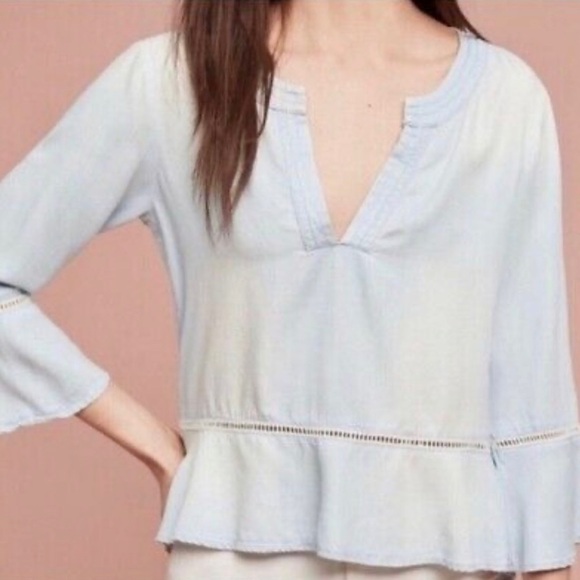 CHELSEA & VIOLET Women’s Blue Chambray Lyocell Peplum Top Bell Sleeves - Picture 1 of 9